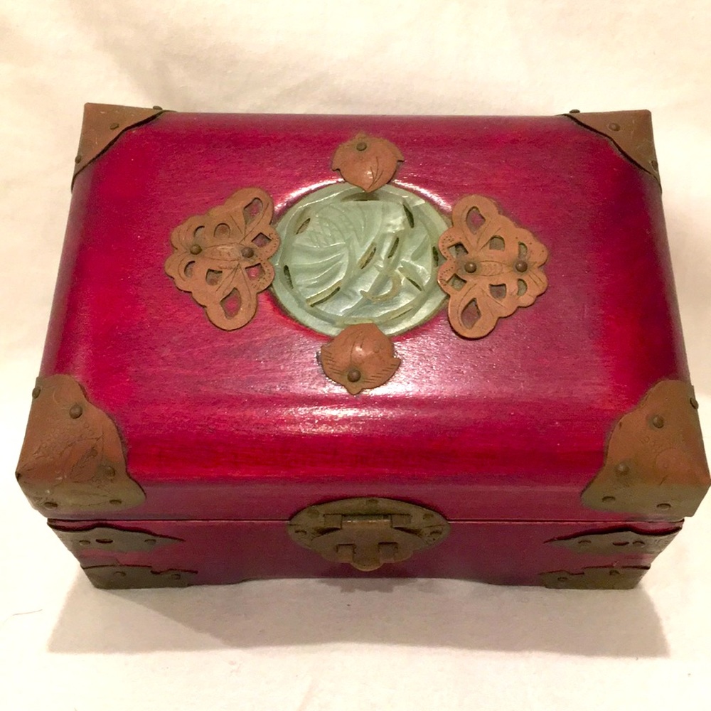 Antique Carved Jade, Rosewood & Brass Jewelry Box